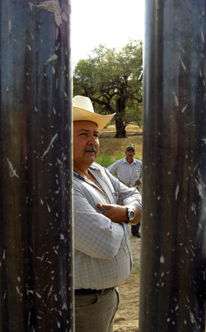 Mexikansk farmare som tvingas se hur en barriär av fem meter höga stålrör växer upp längs hans tomtgräns.